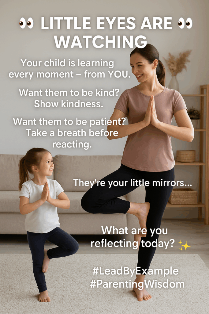 a young daughter imitates her mom's yoga pose. Title: Little Eyes are Watching.