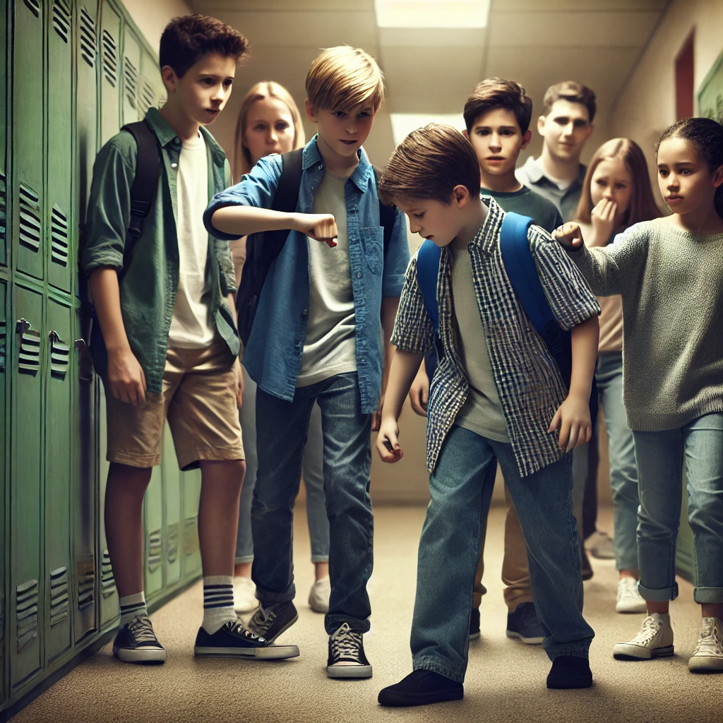 A depiction of bullying in a school setting - The image shows a young student being bullied by a group of peers in a hallway.