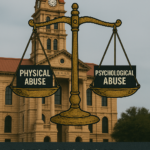 The scales of justice balancing physical abuse and psychological abuse in front of a Texas courthouse