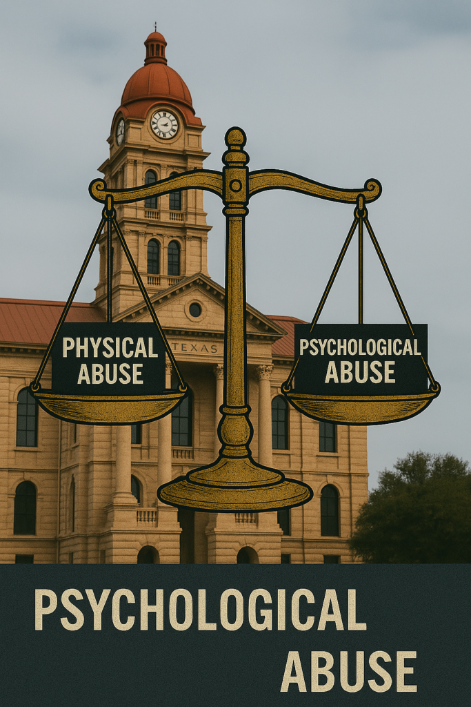 The scales of justice balancing physical abuse and psychological abuse in front of a Texas courthouse