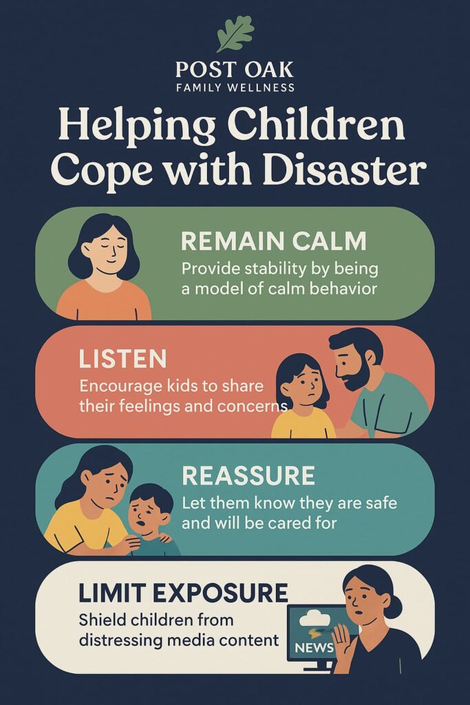 Infographic: Helping Children Cope with Disaster
1. Remain Calm - provide stability by being a model of calm behavior
2. Listen - encourage kids to shre their feelings and concerns
3. Reassure - Let them know they are safe and will be cared for
4. Limit Exposure - shield children from distressing media content.